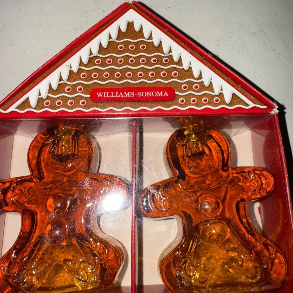 Williams-Sonoma GINGERBREAD MAN Tiny Taper Amber Glass Candleholder set of 4 NIB